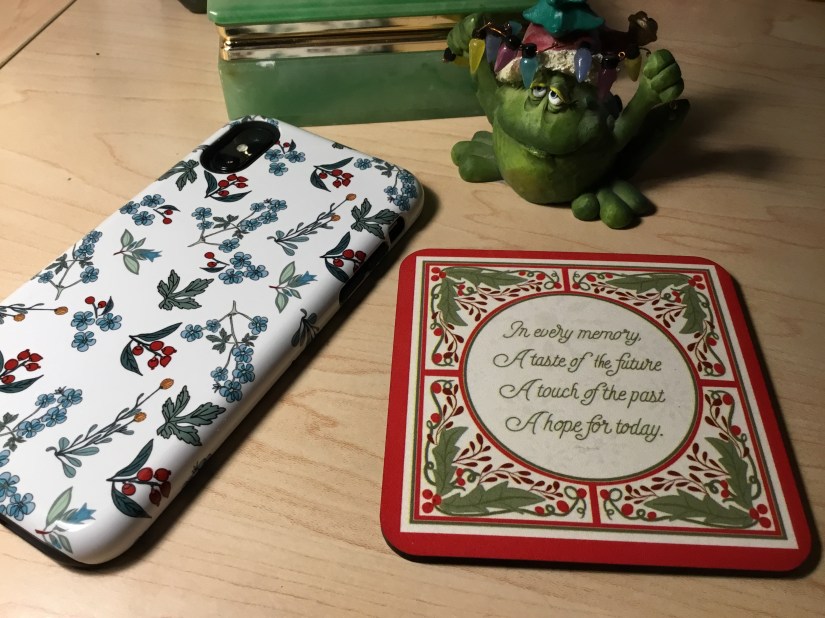 lights on frog by flowered phone case and coaster for holidays
