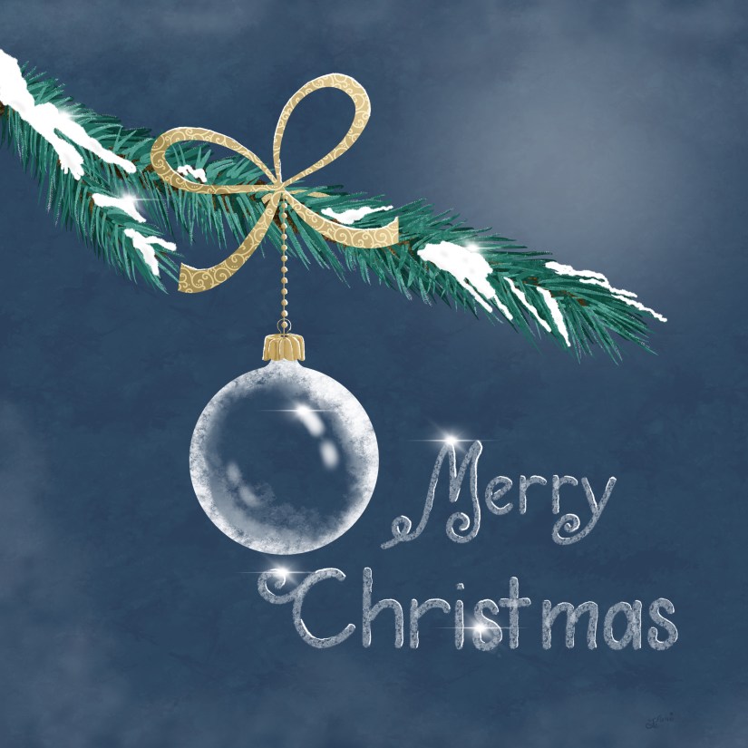 Snowy Christmas tree branch with glass globe and “Merry Christmas”