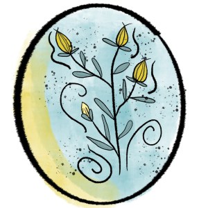 three yellow flowers and one yellow bud in a small thin-leafed bush with jazzy swirl lines and flicks of paint to add interest and movement; framed in oval