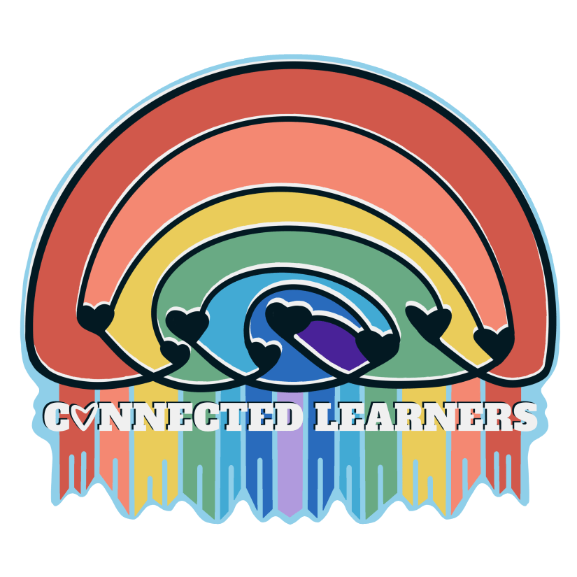 a rainbow connecting hearts and streams of color into connected learners