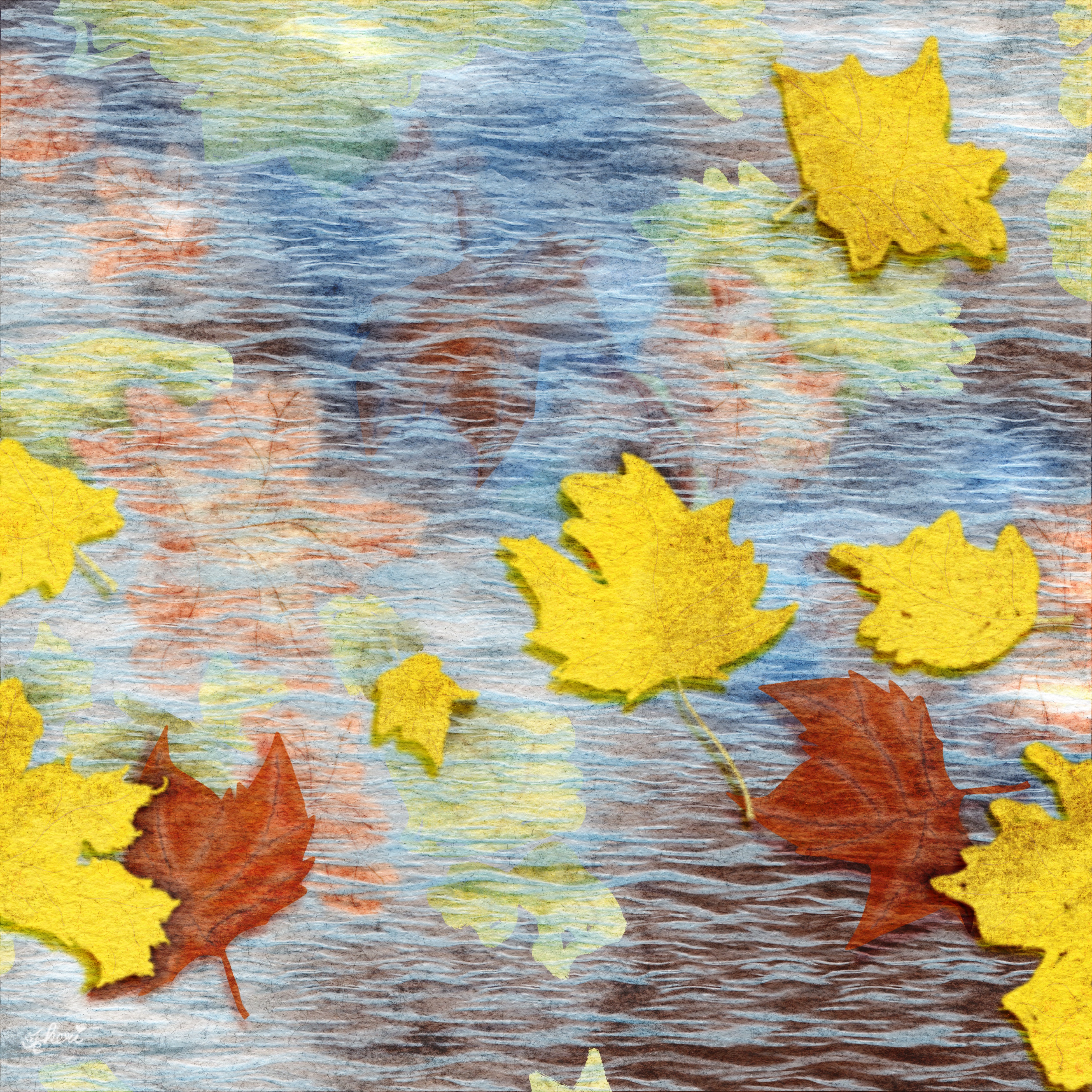 illustrated autumn maple leaves floating in water