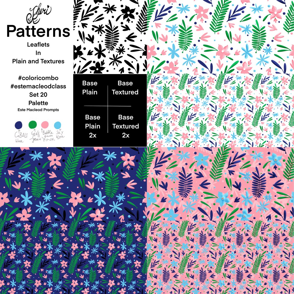 Other versions of the same leafy pattern in white, blue, and the pink backgrounds.