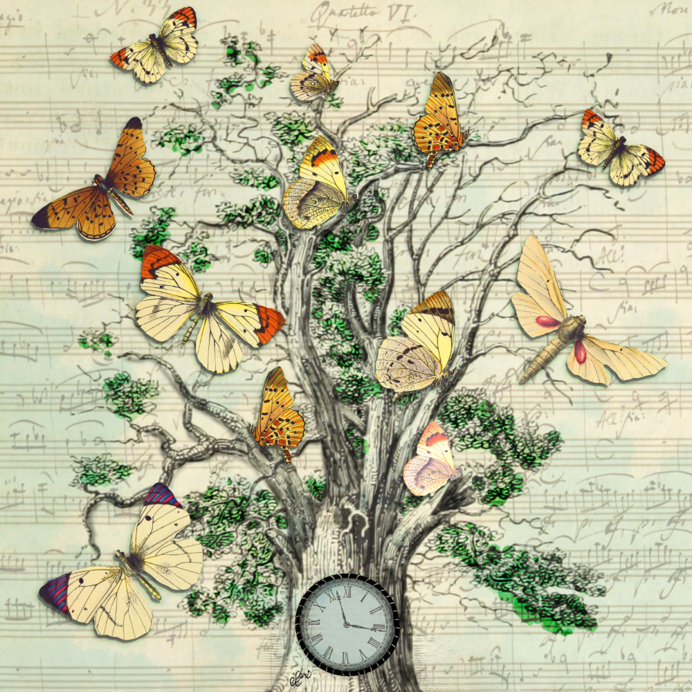 tree with butterflies above a musical score with a clock in the trunk for Haydn's Clock