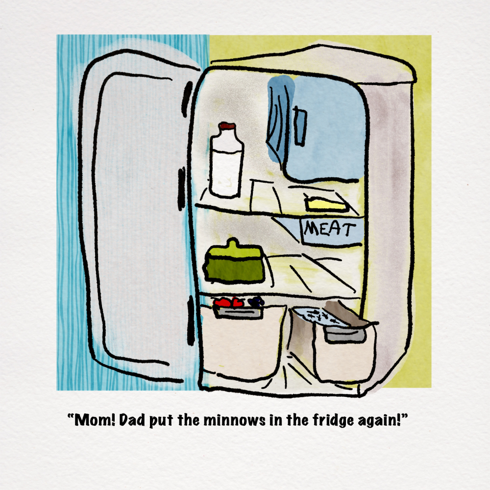 an old style refrigerator with a lower right crisper drawer open with minnows swimming it it