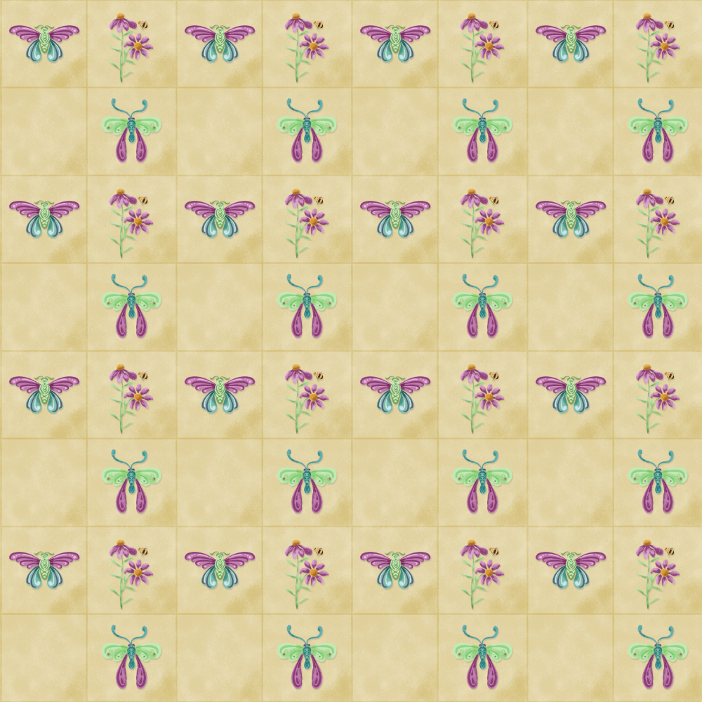 pattern of teal and purple moths and coneflowers on tan tiles