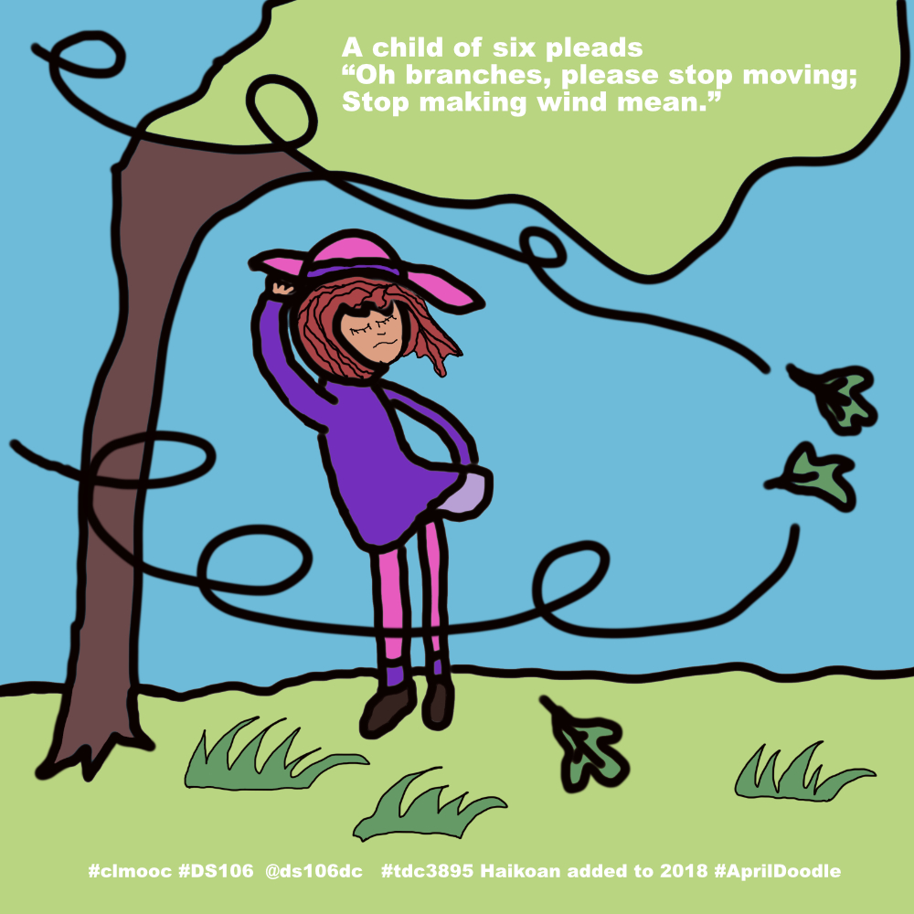 child beside tree, her hat and clothes blowing away in the wind