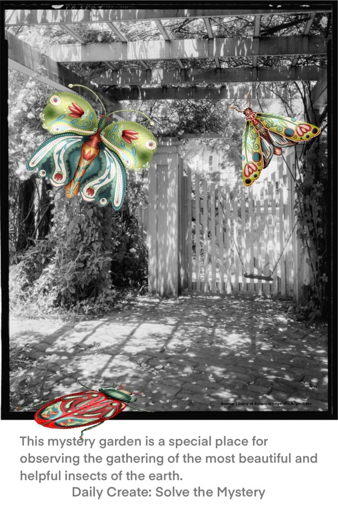 garden scene in black and white with added moth and ladybugs of colorful folk art designs flying around the garden.