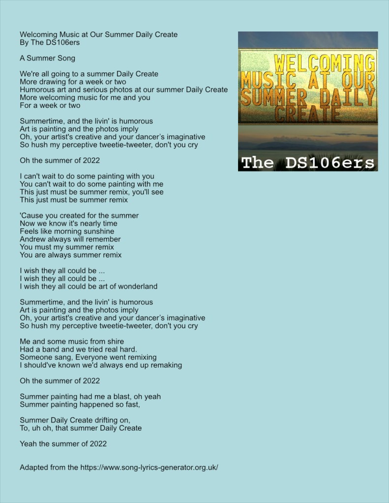 An album cover of ocean at sunset labeled "Welcoming Music at our summer daily create" by The DS106ers and the poem in the post