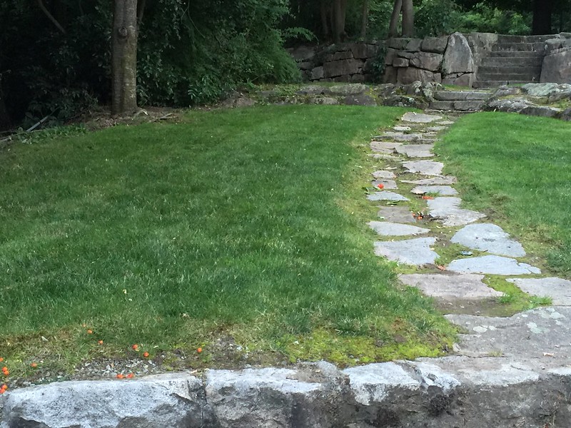 stone path leading to stairs and to a town park