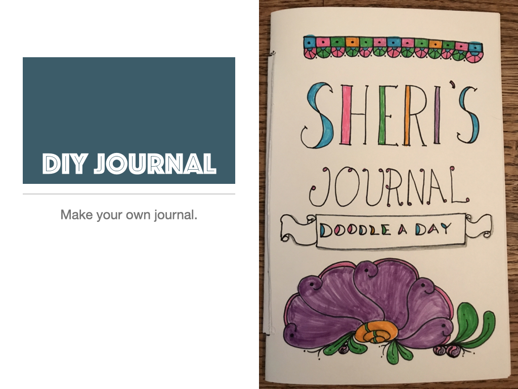 DIY Journal Make your own journal. Image of Sheri's Journal Doodle A Day with top border and flower blossom below