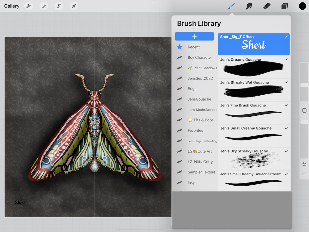 moth with brushes the artist used showing the strokes of the digital brushes