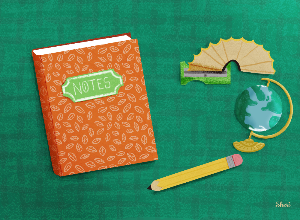 back to school notebook, pencil sharpener, pencil, and globe