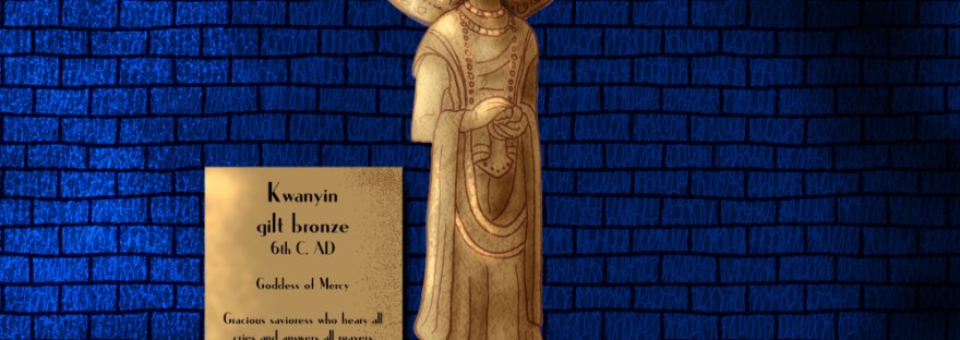 illustrated statue of Kwanyin gilt bronze 6th C, AD Goddess of Mercy with a blue brick background