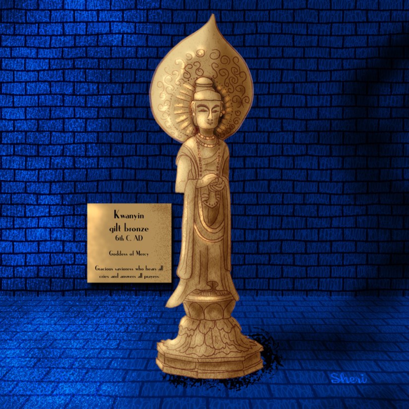 illustrated statue of Kwanyin gilt bronze 6th C, AD Goddess of Mercy with a blue brick background