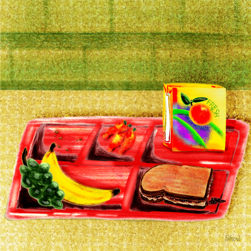 Illustrated Cafeteria tray with cookie crumbs, carrots, orange juice carton, green grapes, banana, and peanut butter and jelly sandwich on whole wheat toast