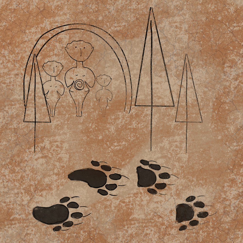 illustrated cave drawing of a mother, daughter, son in a cave behind trees hiding from the danger of grizzly bear