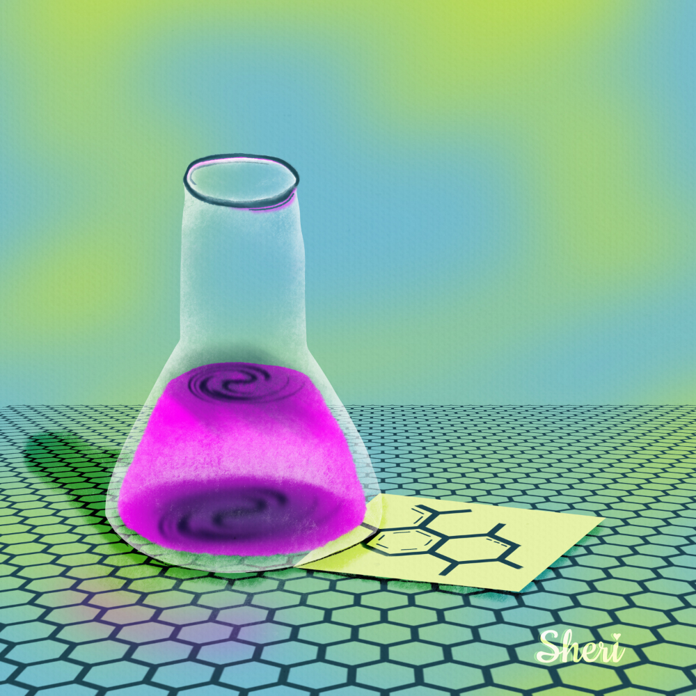 green and blue faded background with honeycomb floor fading back to horizon beneath a test tube filled with pink solution-- which is on top of a chemical formula of sorts