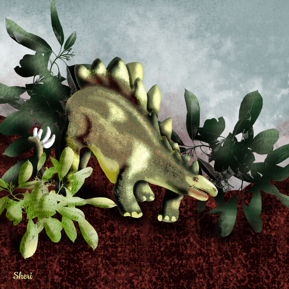 Illustration of Stegosaurus walking through the giant leaves with a red glow of volcanoes or falling asteroid behind him.