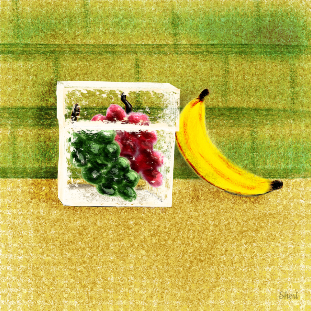 painterly style still life of red and green grapes in  transparent container with banana leaning against it on a yellow counter with yellow-green brick wall
