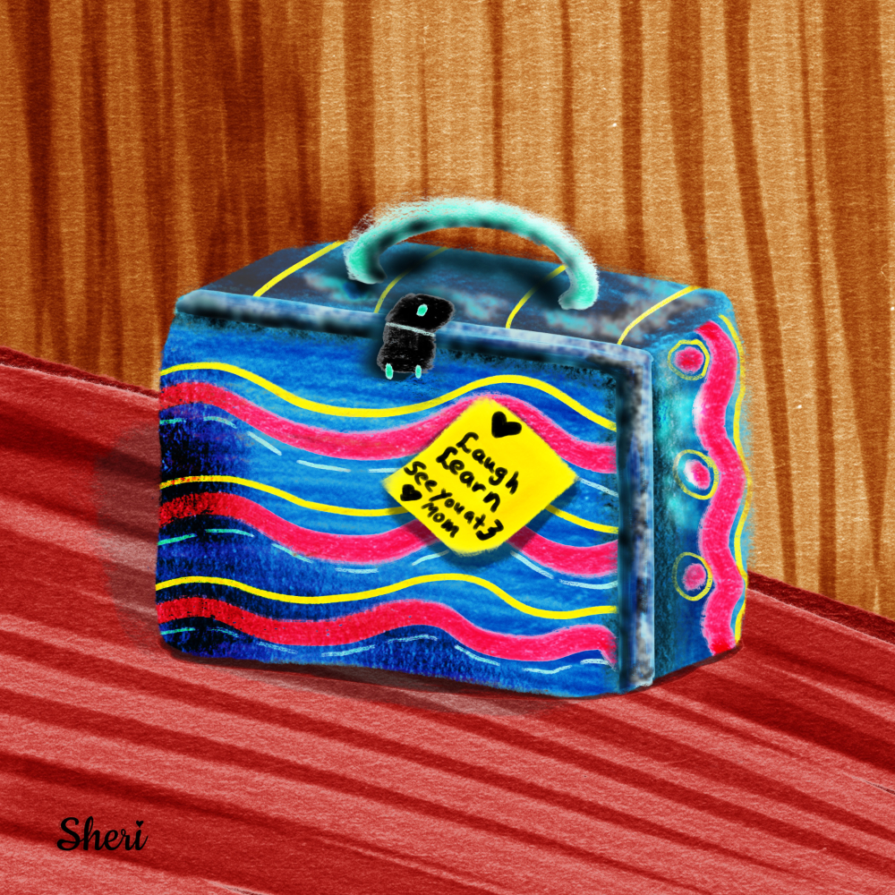 blue lunch blox with pink and yellow wavy lines and a note from mom: Laugh, Learn. See you at 3. Love, Mom