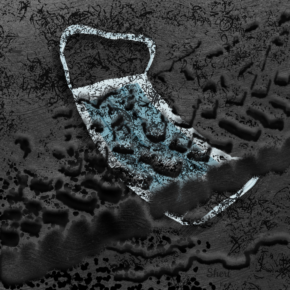 pop art: hospital face mask in street with tire tracks