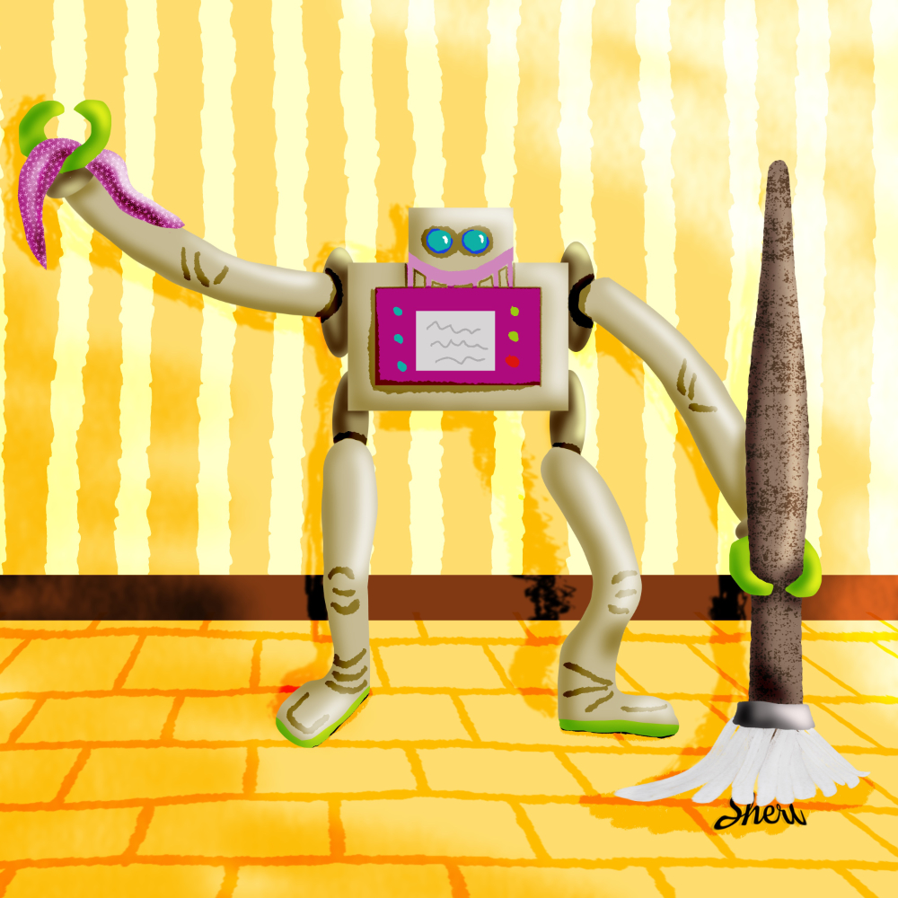 illustrated short bodied, long-limbed robot with mop and cleaning cloth