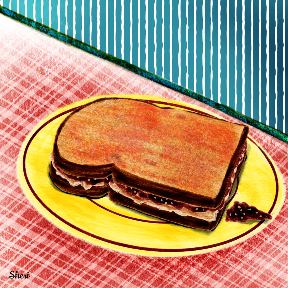 peanut butter and jelly sandwich on a yellow plate with brown trim on red plaid counter with blue striped wall and a bit of spilled raspberry jelly