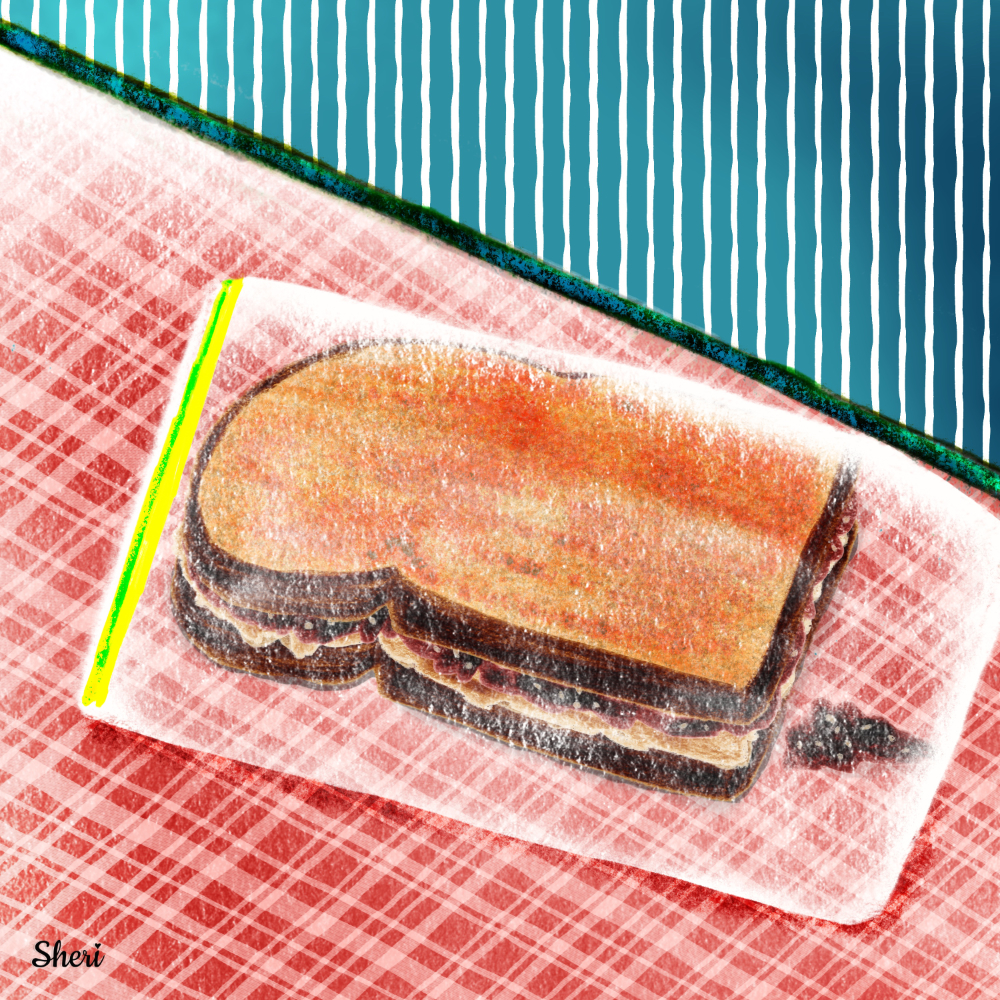 peanut butter and jelly sandwich in a ziplock bag on red plaid counter with blue striped wall and a bit of spilled raspberry jelly in the bag