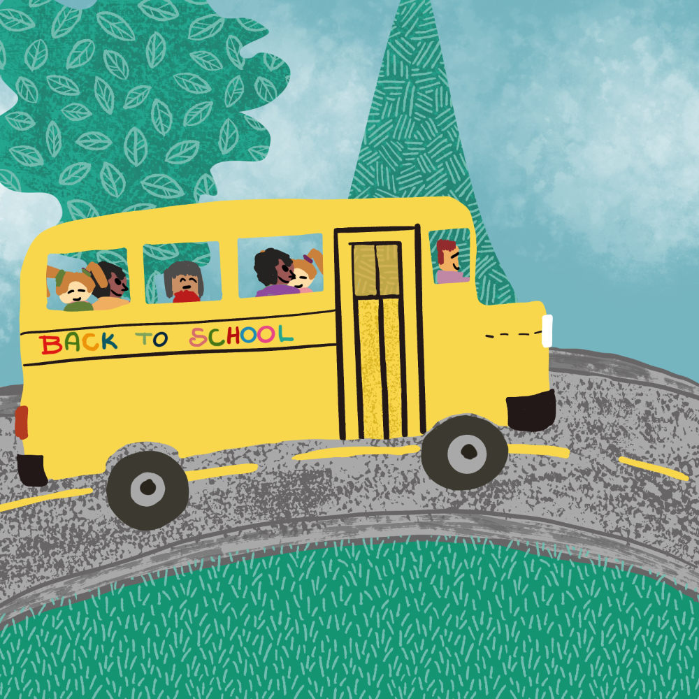 school bus with kids on road