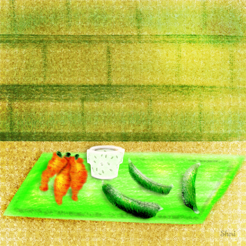 carrots, dill dip, and sweet peas on a green platter on a yellow counter with yellow-green brick wall
