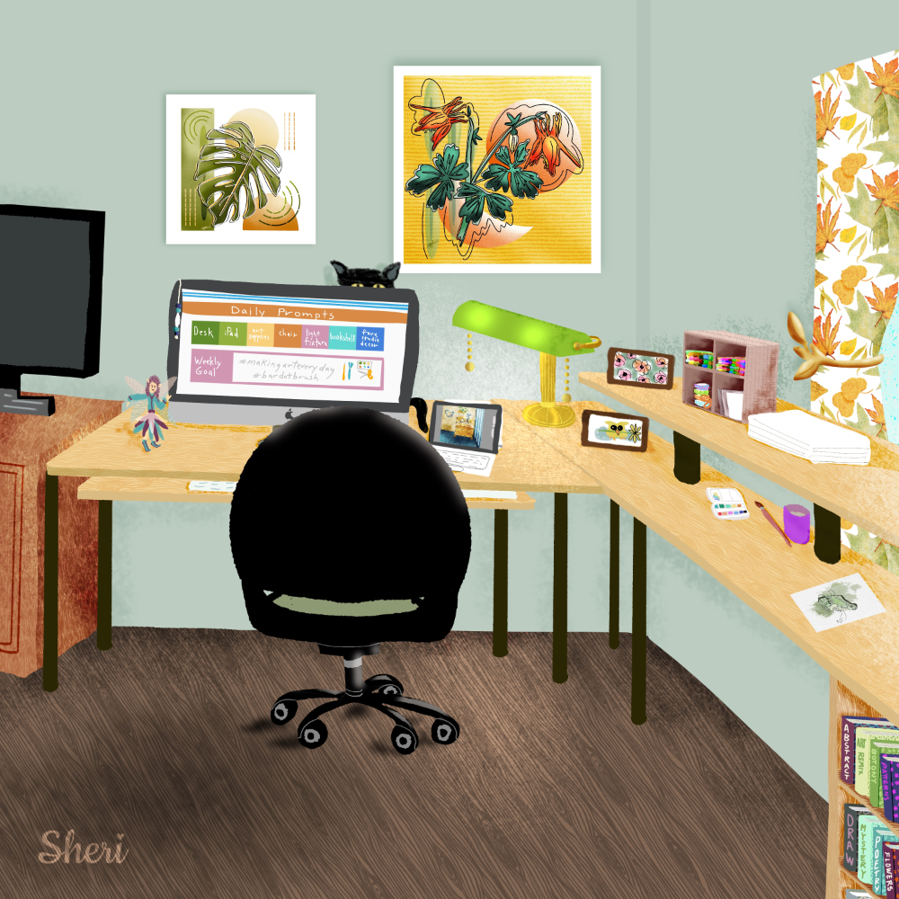 illustrated art studio with iMac, iPad, art and cat standing, peeking up behind computer.