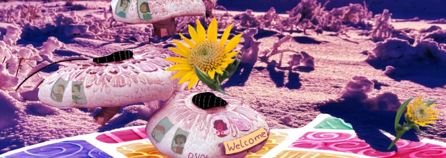 Collage DS106 Mars Base Scene in red overlay of a landing area, mushroom homes with solar panels, sunflowers, and diverse people with a "Welcome" and peace sign