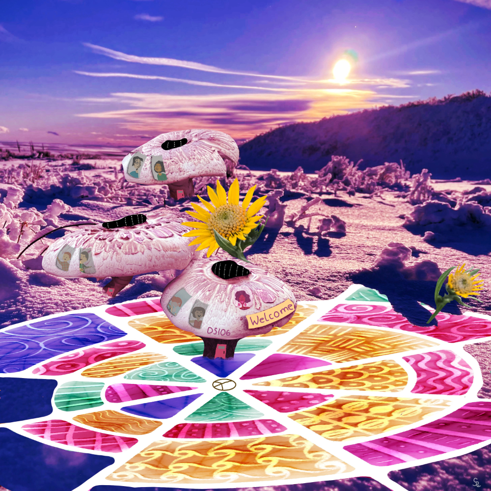 Collage DS106 Mars Base Scene in red overlay of a landing area, mushroom homes with solar panels, sunflowers, and diverse people with a "Welcome" and peace sign