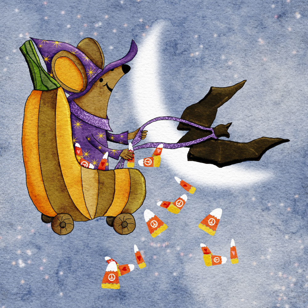 wizard mouse in pumpkin carriage pulled by bat across a moonlit sky dropping candy corn with Peace and Love symbols on them