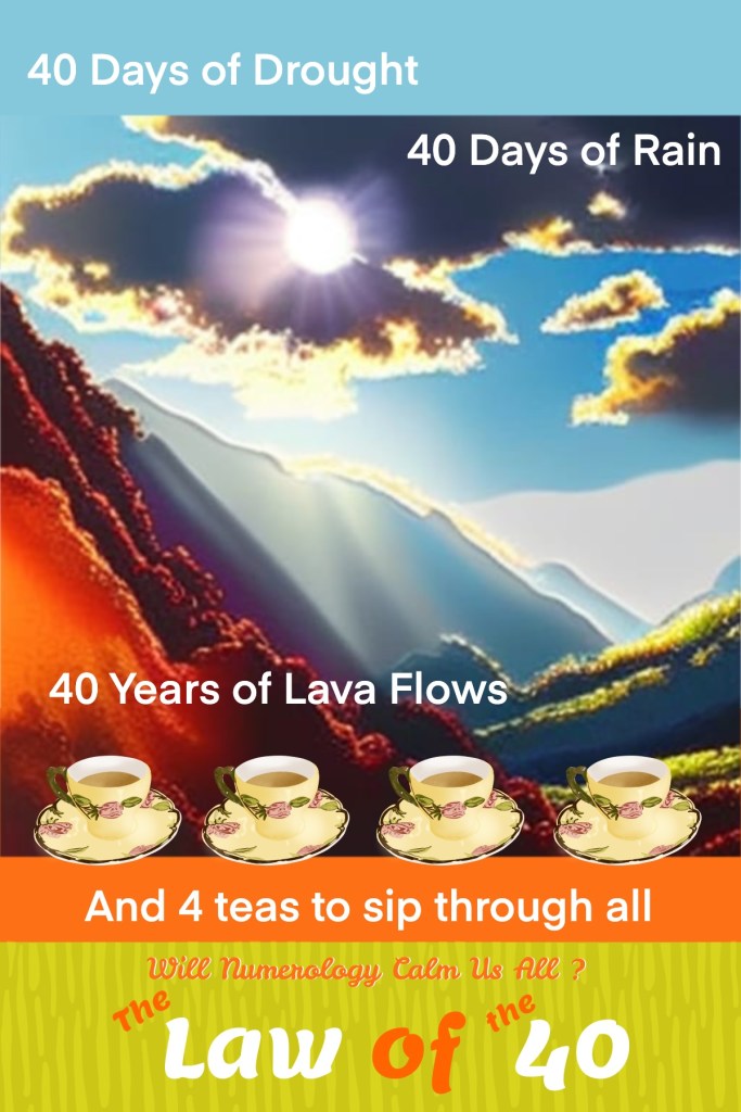Fake poster of Sun peeking through mountains after a rain with text of "40 days of drought, 40 days of rain, 40 years of lava flows, and 4 teas to sip through all; Will numerology calm us all? Title: The Law of the 40.