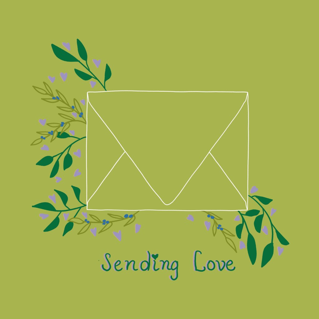 green background, outline of envelope with foliage around it with words below "sending love"