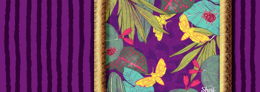 illustration of ornate frame with insect print on striped purple and black wall