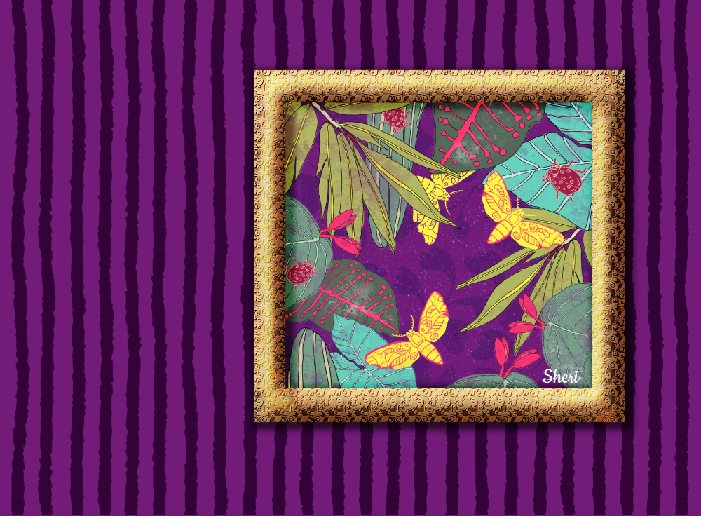 illustration of ornate frame with insect print on striped purple and black wall