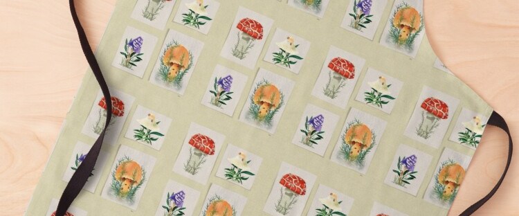apron with Watercolor of four distinct mushrooms; two with ladybugs; one in the rain