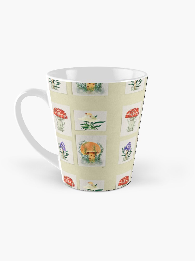 tall mug of Watercolor of four distinct mushrooms; two with ladybugs; one in the rain