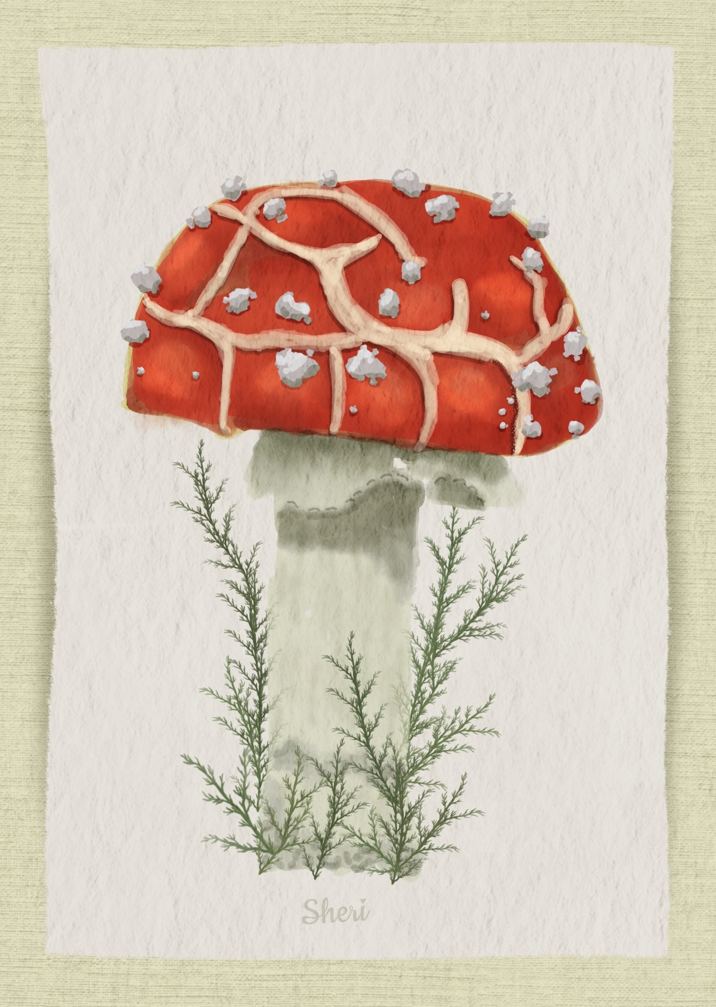 red capped mushroom with spores in weeds done in watercolor