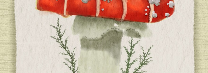 red capped mushroom with spores in weeds done in watercolor