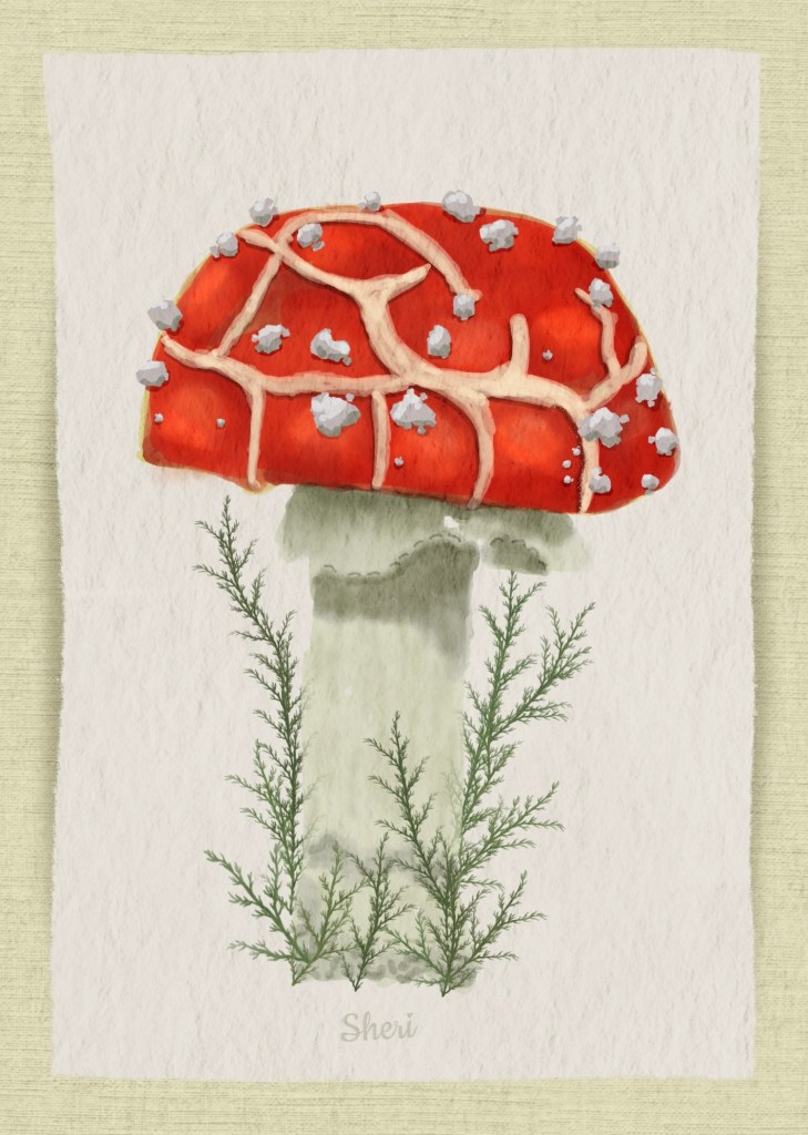 red capped mushroom with spores in weeds done in watercolor