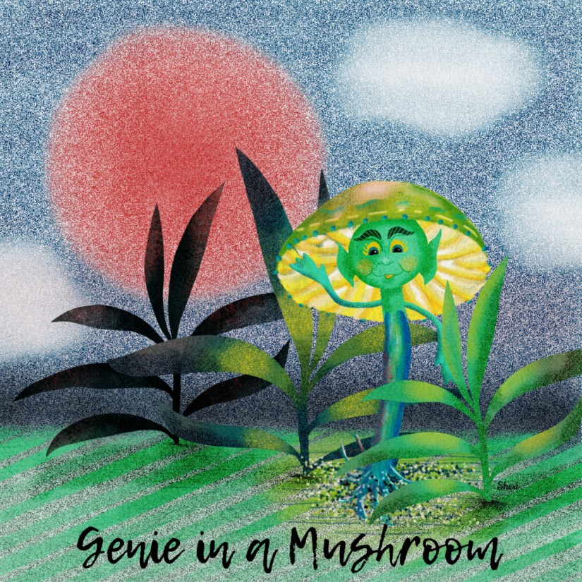 A mushroom as a character: yellow glowing gills around genie stem of a mushroom at sunset with foliage and yellow glow on plants with also the red of sunset