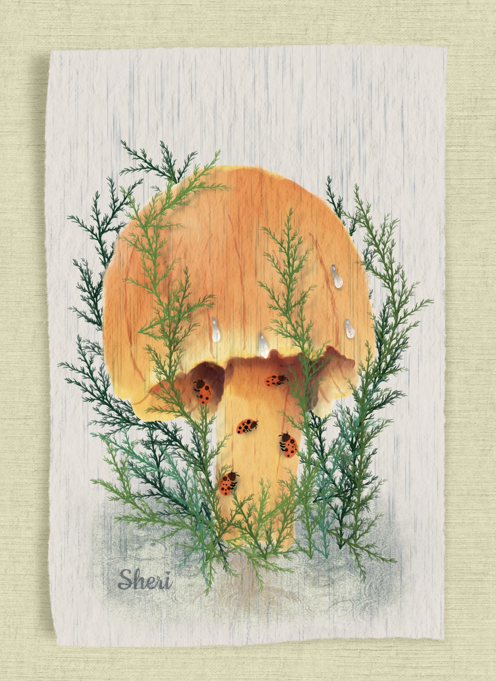 illustrated digital art watercolor of mushroom in the rain as an umbrella for ladybugs safely dry on its stem