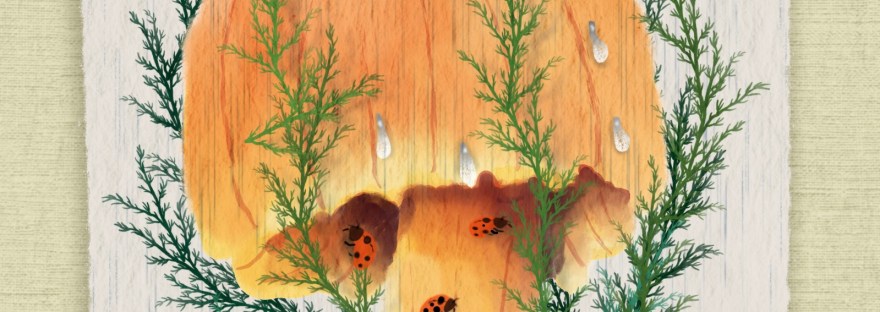 illustrated digital art watercolor of mushroom in the rain as an umbrella for ladybugs safely dry on its stem