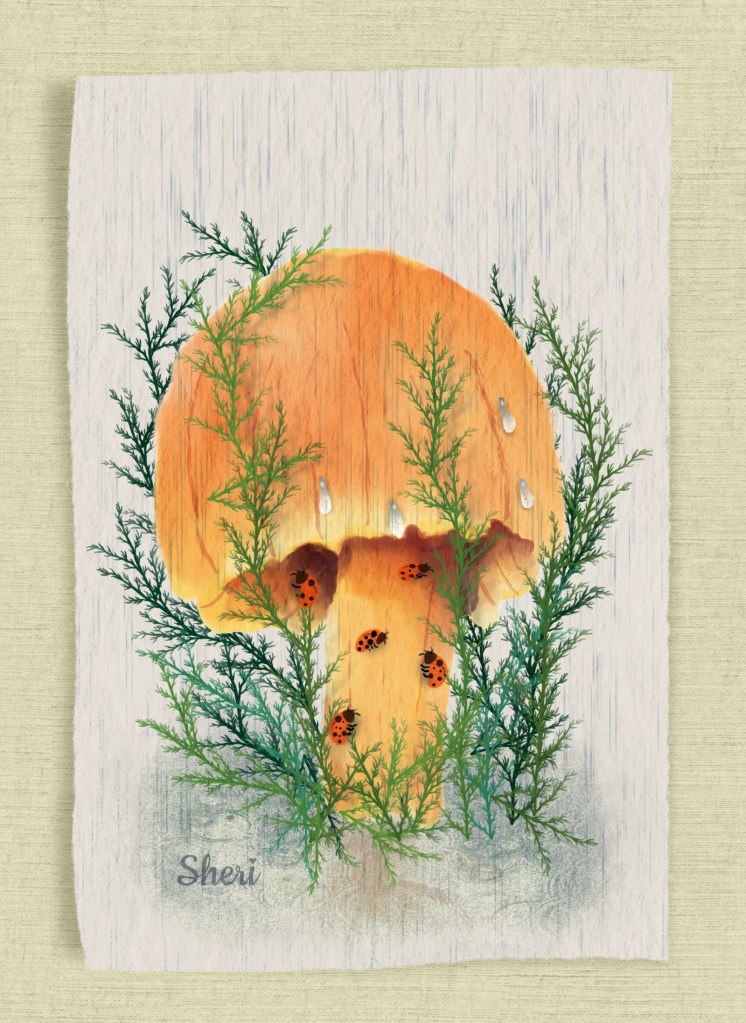 illustrated digital art watercolor of mushroom in the rain as an umbrella for ladybugs safely dry on its stem