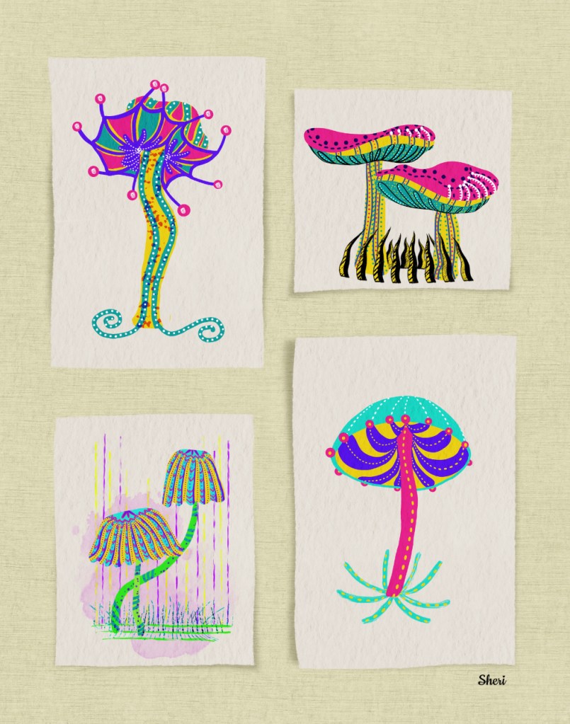 Groovy Fantasy Mushrooms of Nature groovy illustration of four distinct mushrooms in a funky, bright style — clockwise from top left: Jester, Pink Flat, Floops, and Splotch.