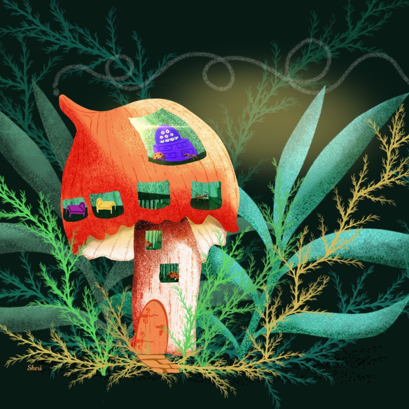 illustration of orange mushroom home for ants and ladybugs deep in the forest surrounded by foliage