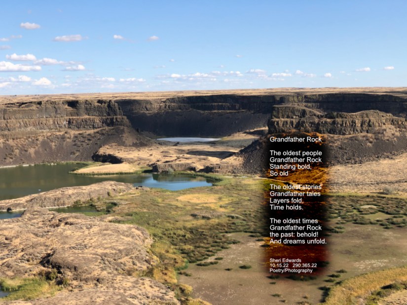 Dry Falls where 200 ft basalt lava flows tower of small lakes with poem